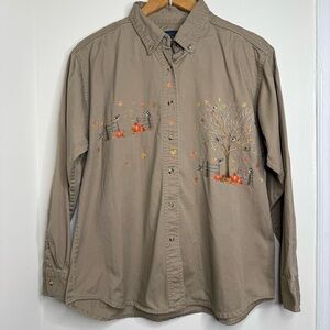 Vintage Harvard Square Button Down Fall Harvest Theme Shirt Women’s XL Pumpkins